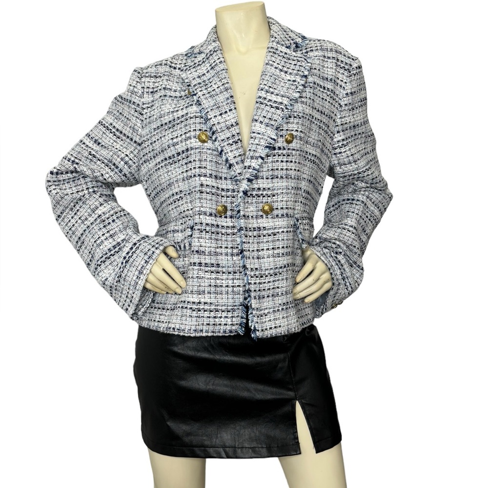 MINA SELF White & Blue Tweed Plaid w/Gold Ornate Buttons & Filly Trim Blazer, 2X